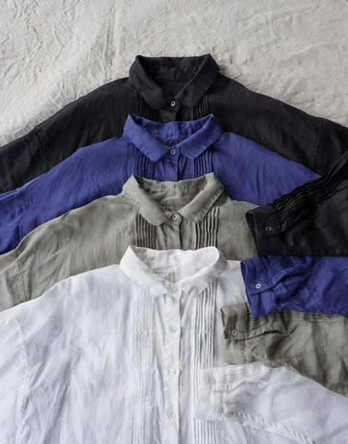 Linen Tuck Shirt Dress / Khakibeige・Frenchblue
